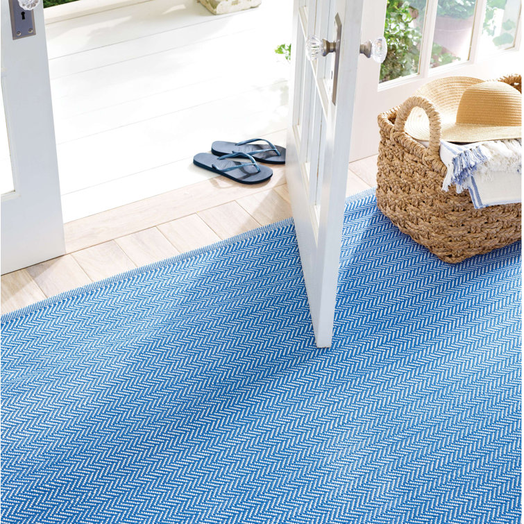 French Blue and White Herringbone Handwoven Rectangular Rug, 3x5