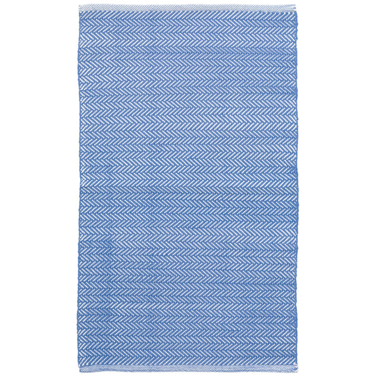 French Blue and White Herringbone Handwoven Rectangular Rug, 3x5
