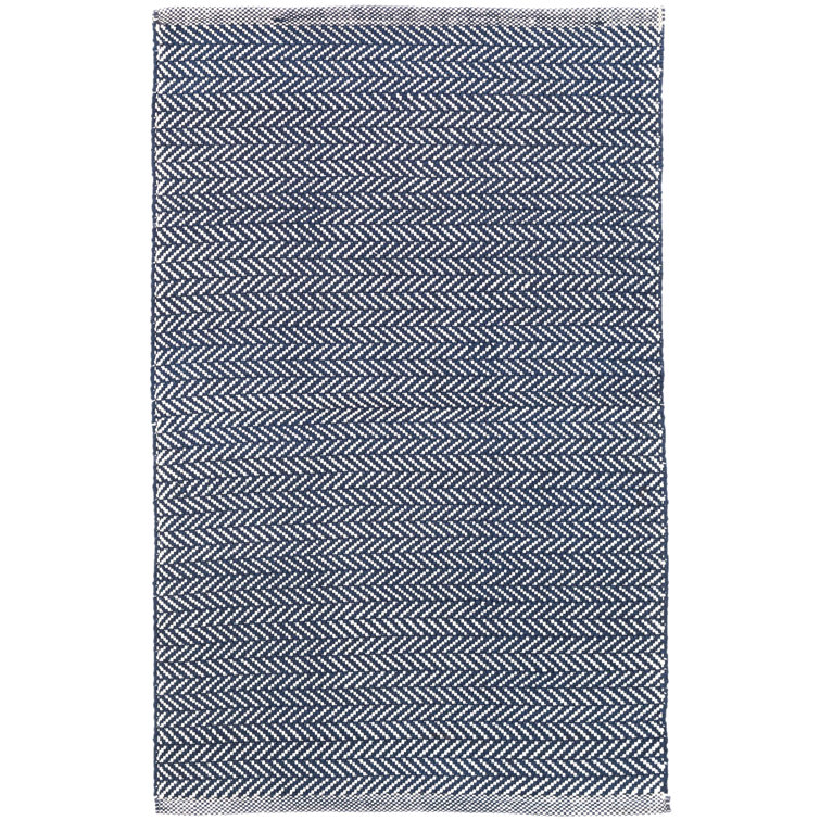 Ivory and Indigo Herringbone Flat Woven Synthetic Rug 10' x 14'