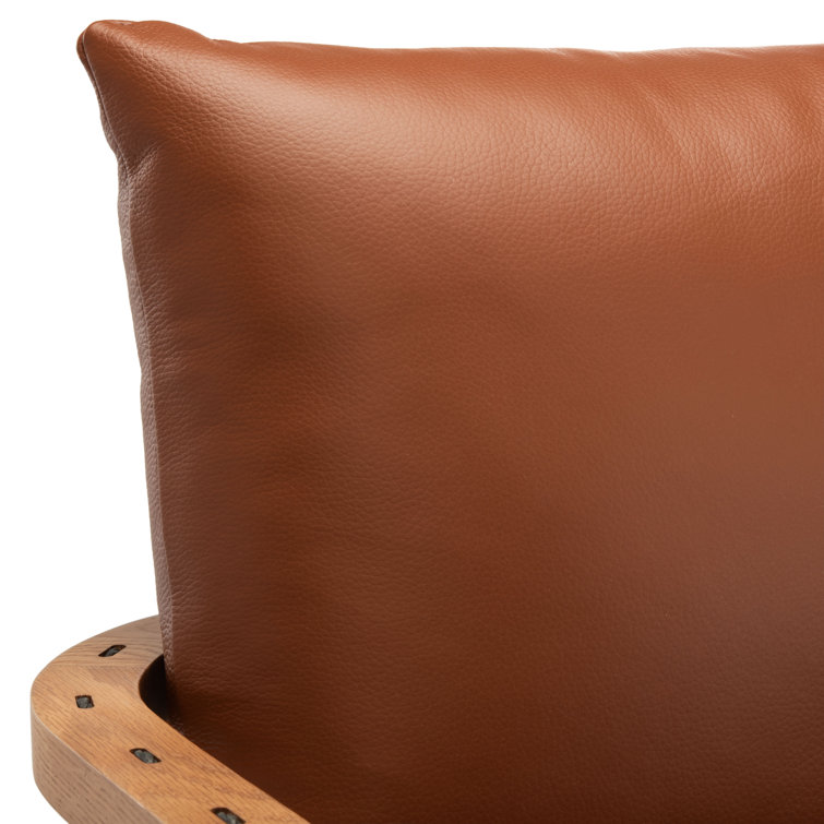 Brown Genuine Leather and Oak Armchair with Square Arms
