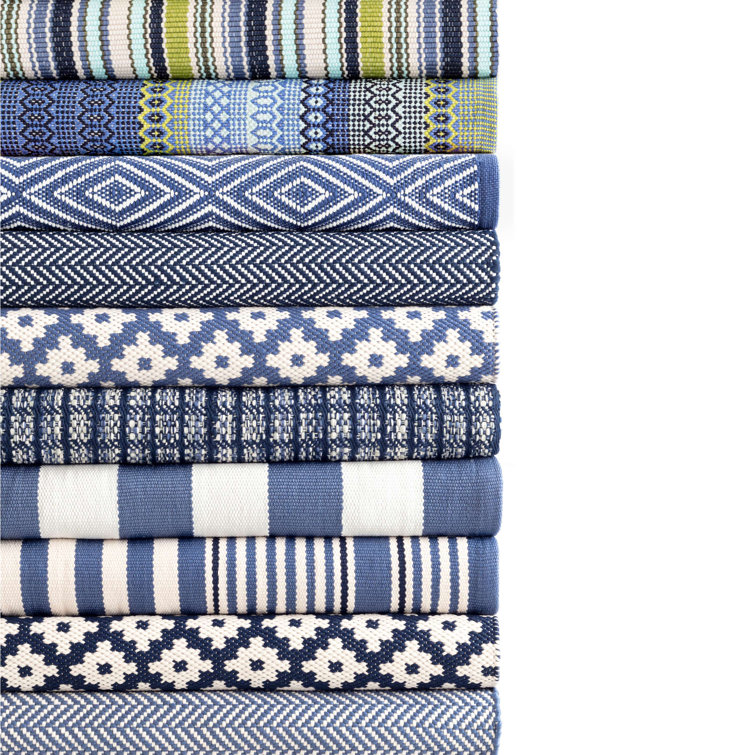 French Blue/Green Striped Synthetic Indoor/Outdoor Rug 2.5ft x 8ft