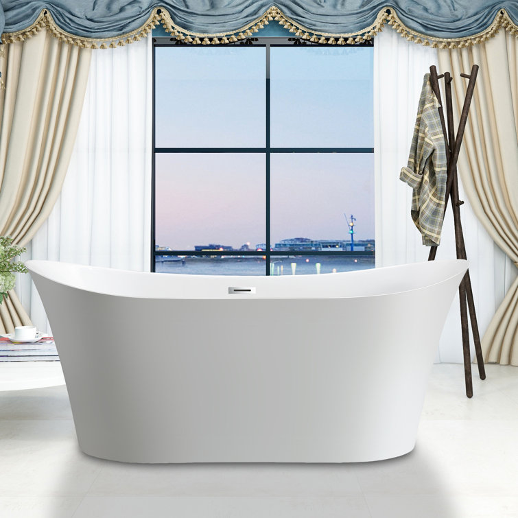 67-Inch White Acrylic Freestanding Soaking Bathtub with Polished Chrome Overflow