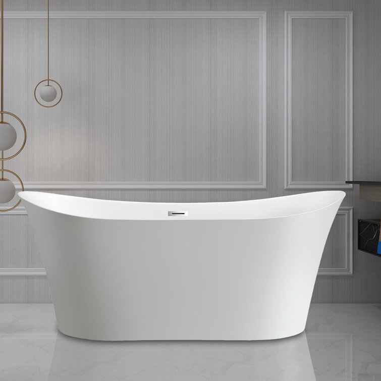67-Inch White Acrylic Freestanding Soaking Bathtub with Polished Chrome Overflow