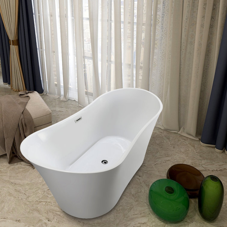 67-Inch White Acrylic Freestanding Soaking Bathtub with Polished Chrome Overflow