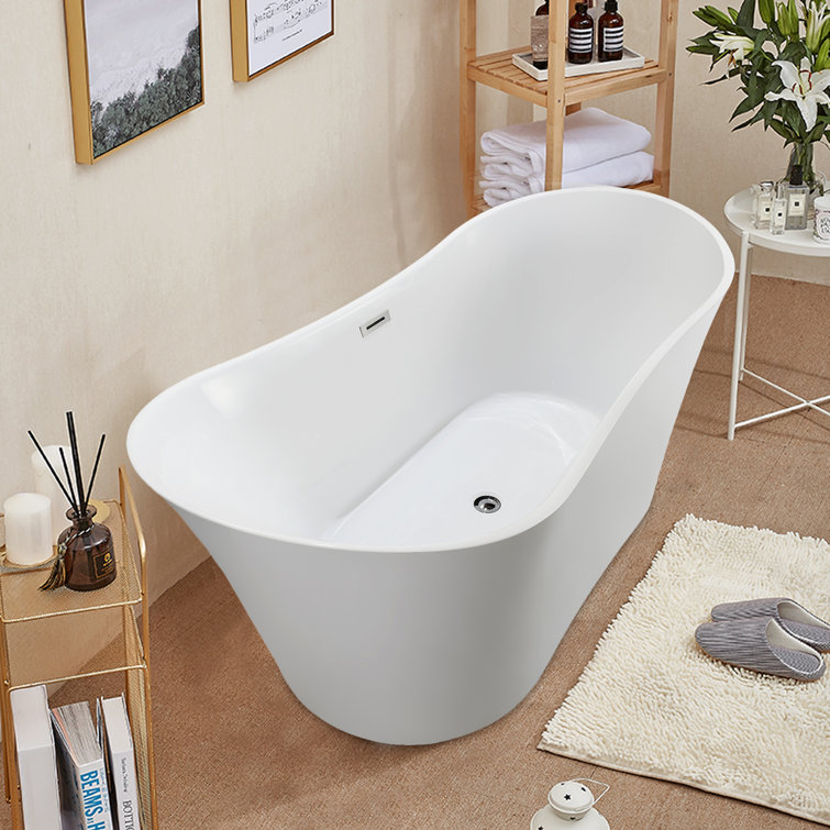 67-Inch White Acrylic Freestanding Soaking Bathtub with Polished Chrome Overflow