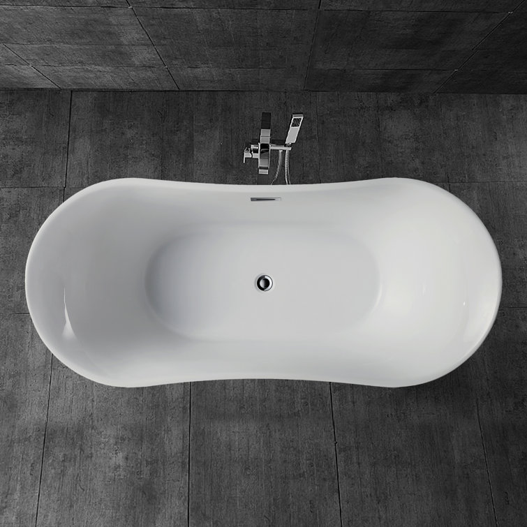 67-Inch White Acrylic Freestanding Soaking Bathtub with Polished Chrome Overflow