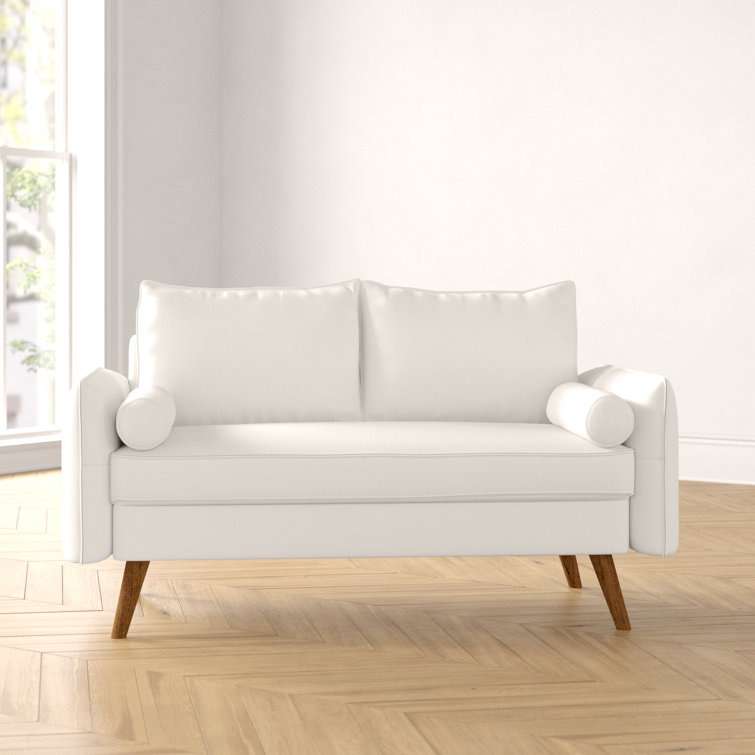 Revive White Tufted Fabric Loveseat with Wood Legs