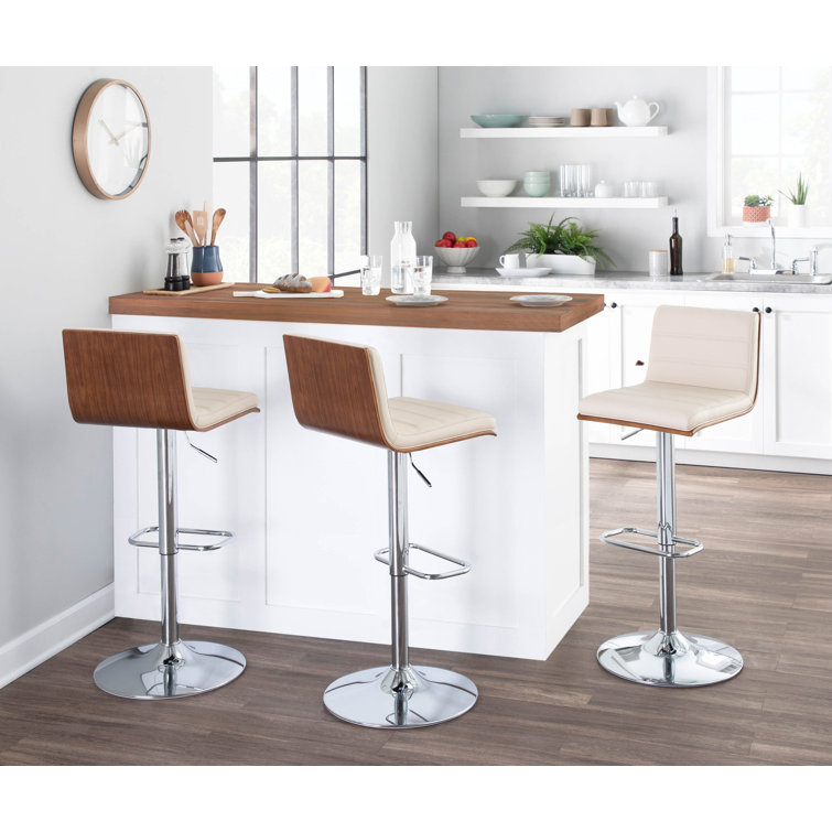 Adjustable Walnut and Cream Leather Bar Stool with Metal Base