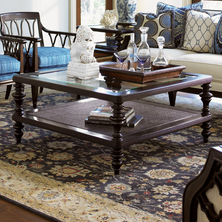 Brown Wood and Glass Square Cocktail Table with Storage