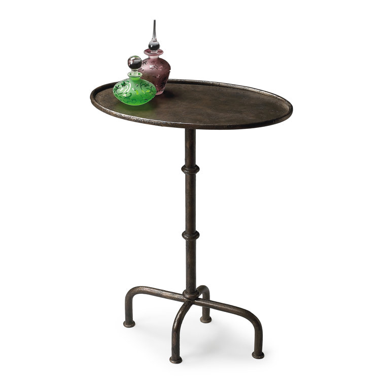 Elegant Pewter Round Pedestal Side Table with Wood Accents
