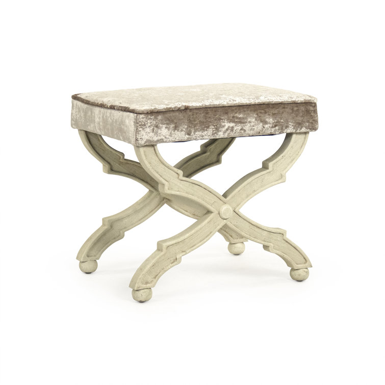 Crushed Champagne Velvet Accent Stool with Distressed Ivory Legs