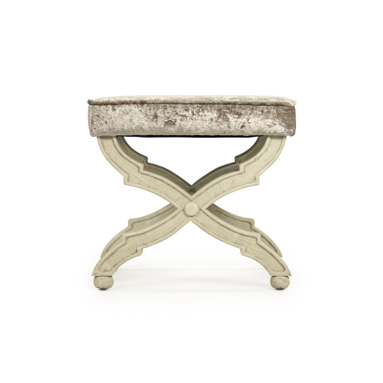 Crushed Champagne Velvet Accent Stool with Distressed Ivory Legs
