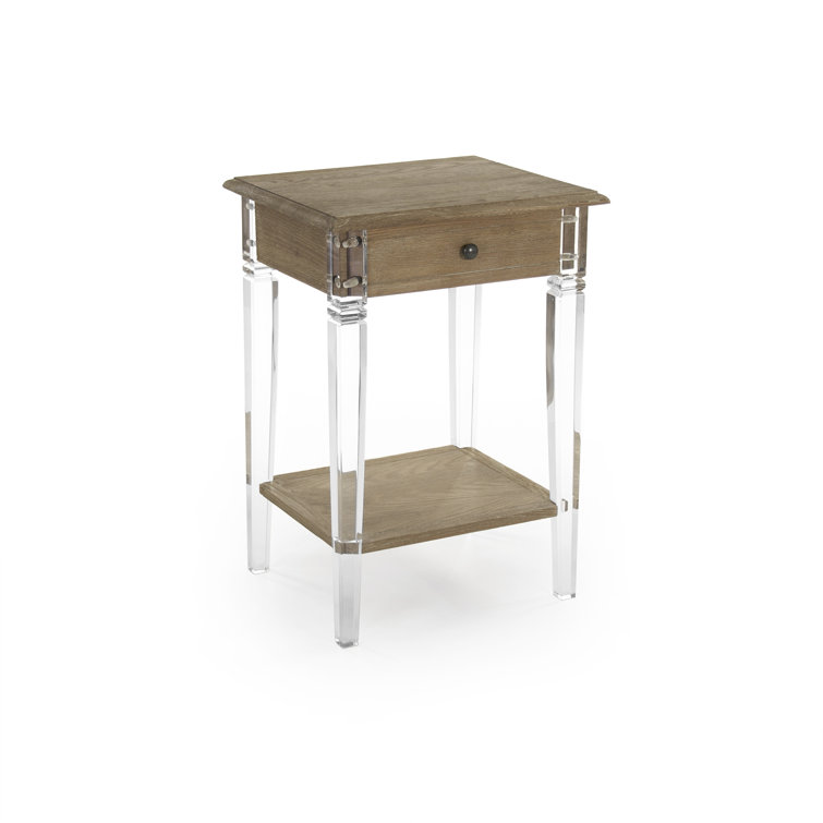 Limed Gray Oak Acrylic End Table with Drawer and Shelf