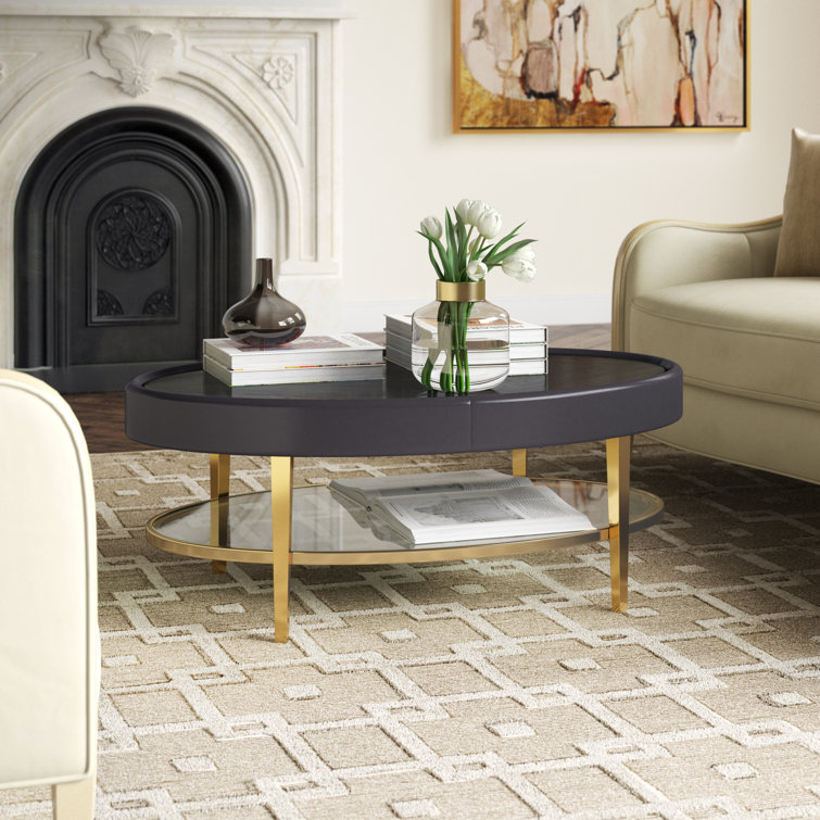 Ivory and Gray Oval Wood Metal Glass Coffee Table