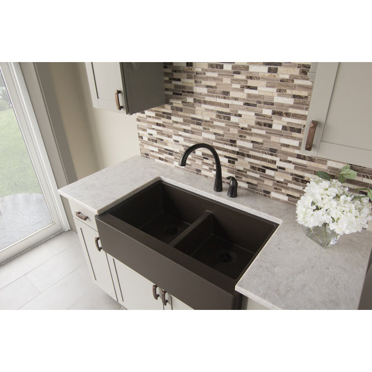 Brown Quartz Double Bowl Farmhouse Apron Front Kitchen Sink Kit