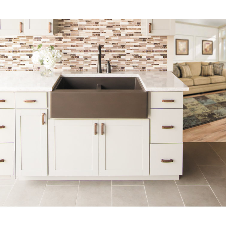 Brown Quartz Double Bowl Farmhouse Apron Front Kitchen Sink Kit