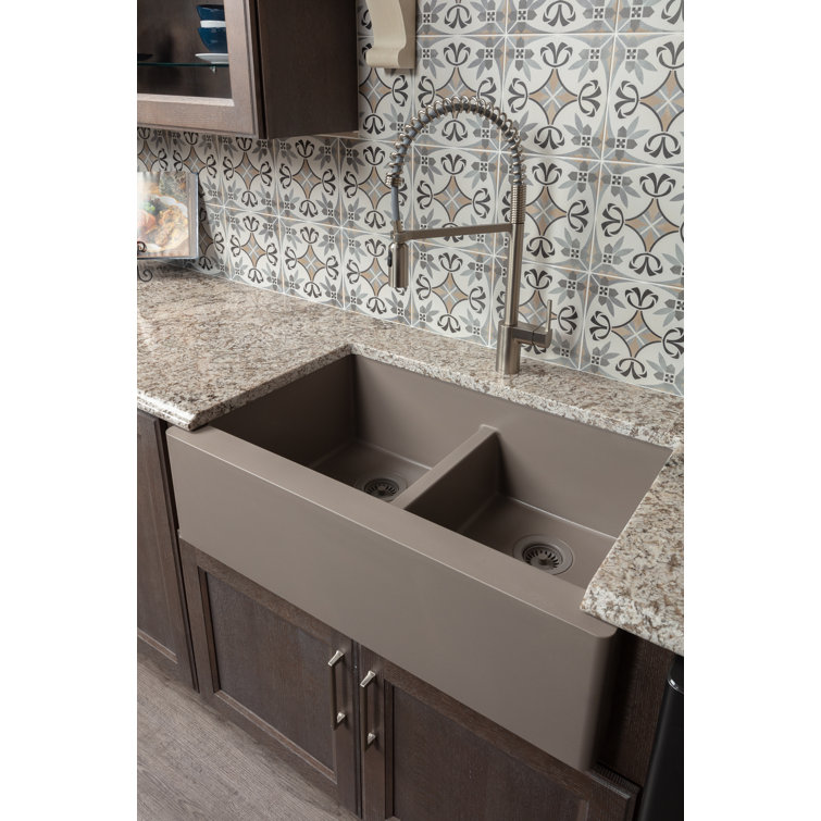 Concrete Quartz Composite Farmhouse Apron Front Double Bowl Kitchen Sink