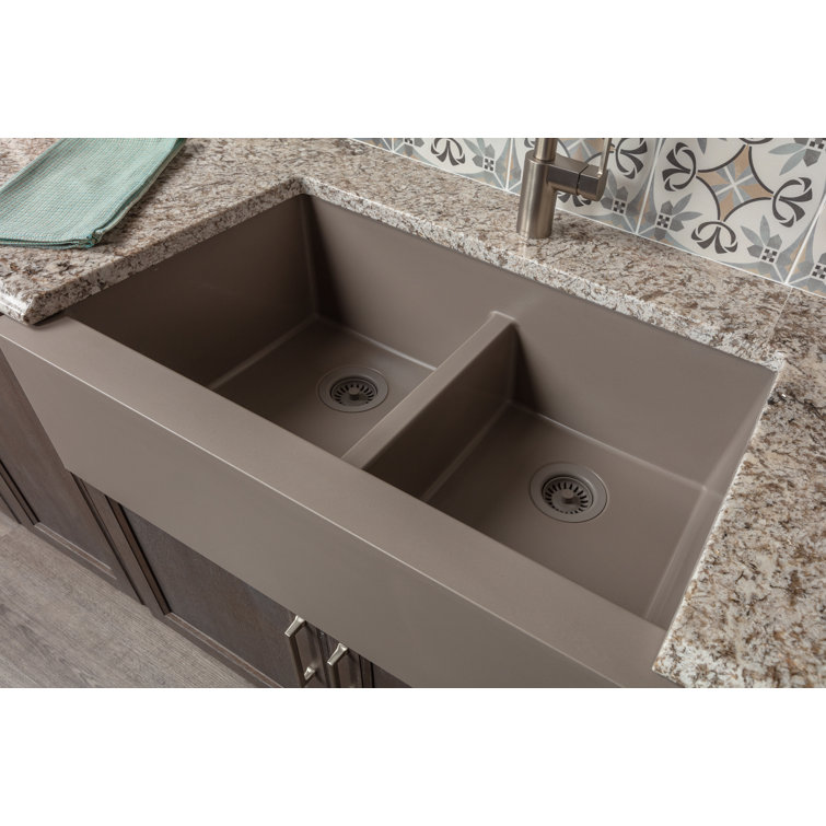 Concrete Quartz Composite Farmhouse Apron Front Double Bowl Kitchen Sink