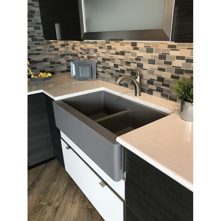 Gray Quartz Farmhouse Double Bowl Kitchen Sink, 34"