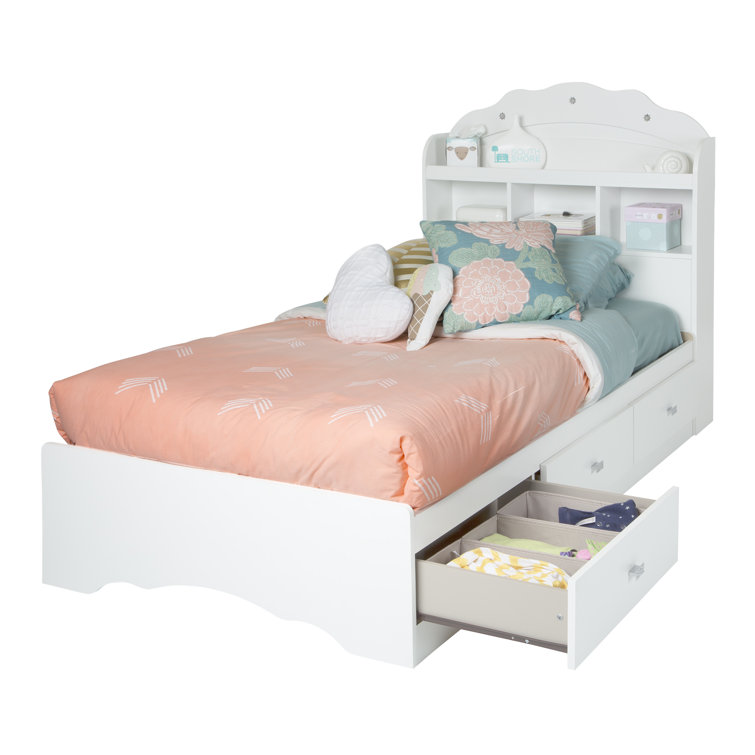 White Twin Wood Bookcase Headboard with Storage