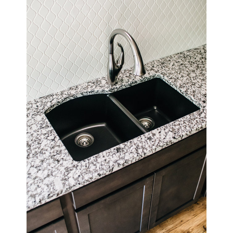 Black Quartz Composite 32'' x 21'' Double Bowl Undermount Kitchen Sink
