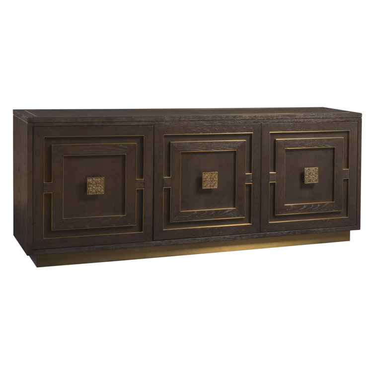 Brown Oak Transitional Media Console with Brass Accents