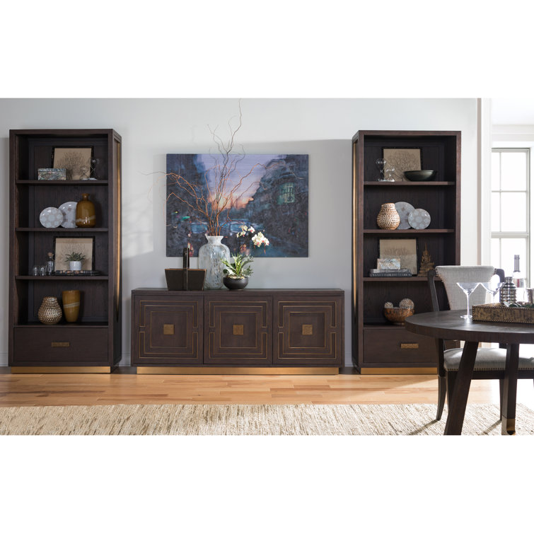 Brown Oak Transitional Media Console with Brass Accents