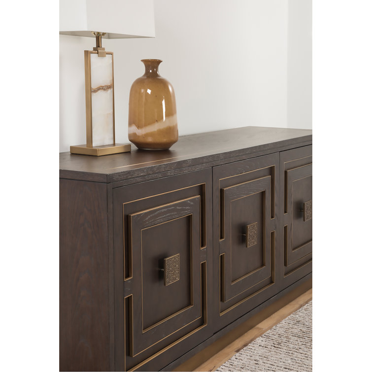 Brown Oak Transitional Media Console with Brass Accents
