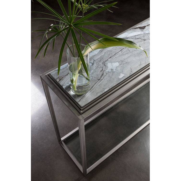 Transitional Treville Console with Blue Forest Marble Top and Antiqued Silver Leaf Frame