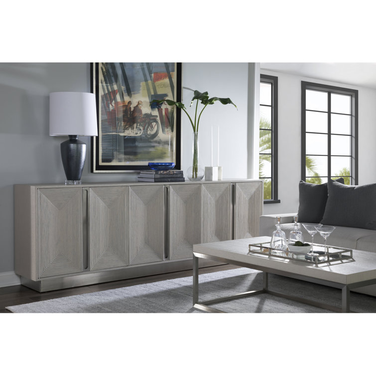 Contemporary Ash Gray 101'' Oak Media Console with Stainless Accents