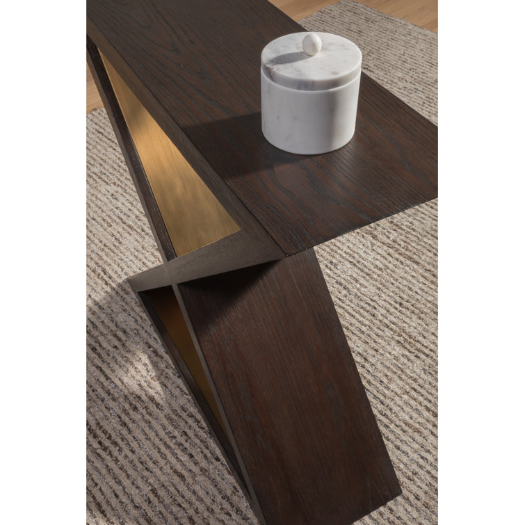 Brown Oak and Brass Rectangular Console Table