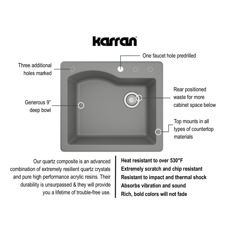Gray Quartz Composite Single Bowl Drop-In Kitchen Sink