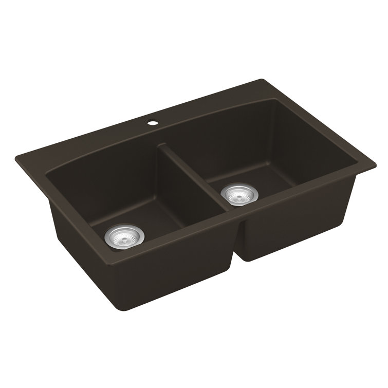 Brown Quartz Double Bowl Kitchen Sink with Curved Rear Walls