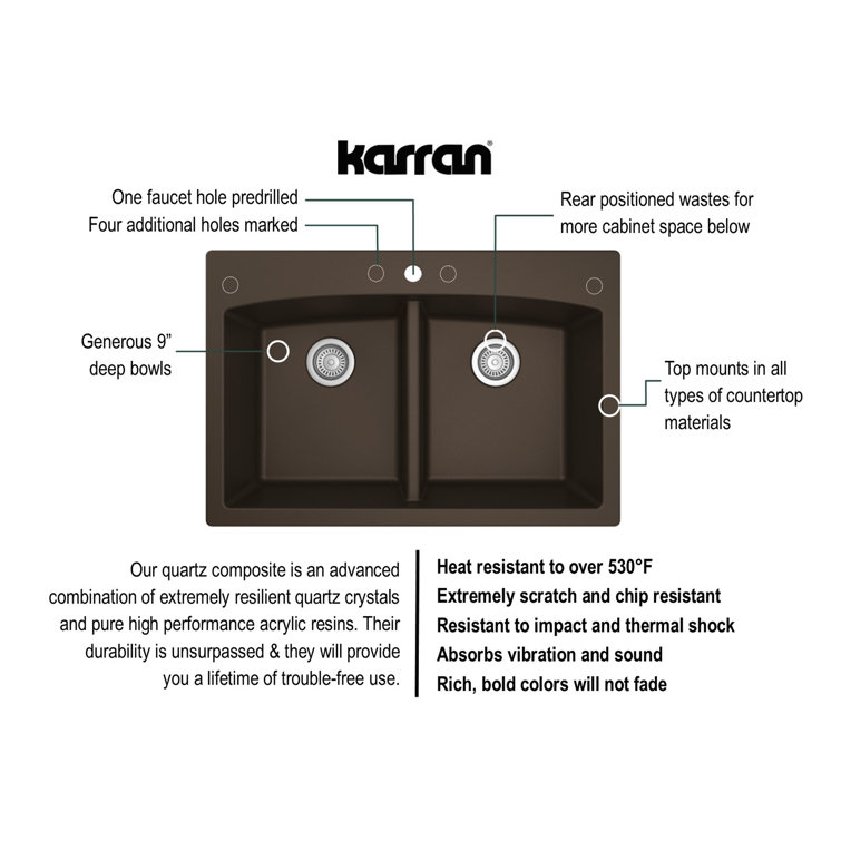 Brown Quartz Double Bowl Kitchen Sink with Curved Rear Walls