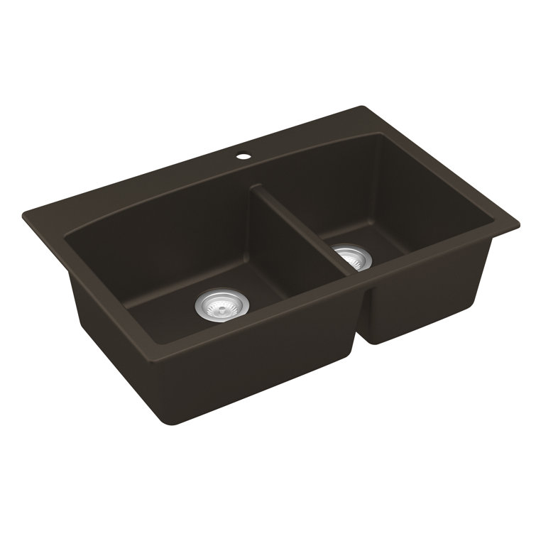 Brown Quartz Double Bowl Kitchen Sink with Rear Drain