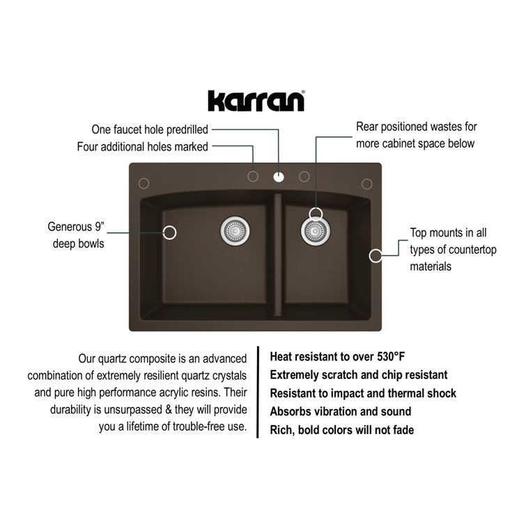 Brown Quartz Double Bowl Kitchen Sink with Rear Drain