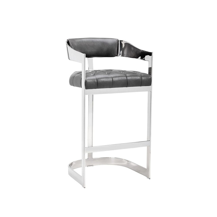 Cantina Magnetite Gray Leather and Stainless Steel Bar Stool