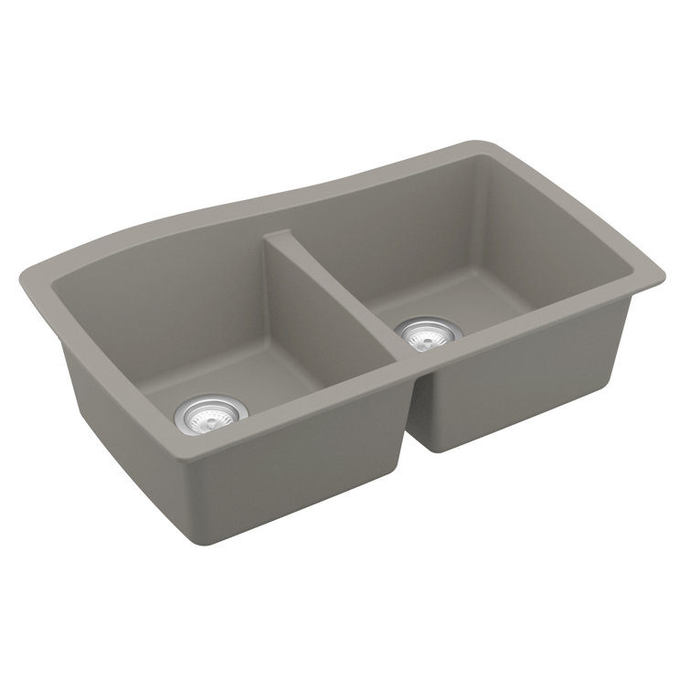 Concrete Gray Double Bowl Farmhouse Quartz Kitchen Sink Kit