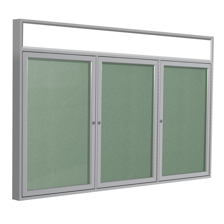 Satin Aluminum 3-Door Enclosed Vinyl Bulletin Board with Illuminated Header