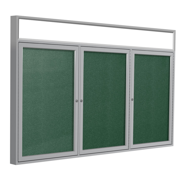 Satin Aluminum 3-Door Enclosed Vinyl Bulletin Board with Illuminated Header
