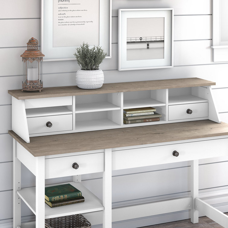 Modern Farmhouse Pure White and Shiplap Gray Desk Hutch with Dark Bronze Hardware