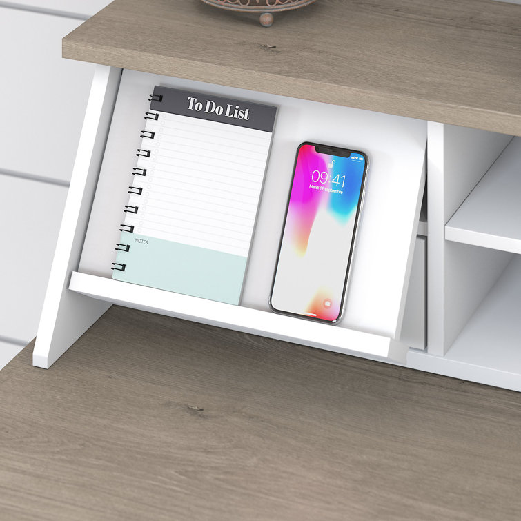 Modern Farmhouse Pure White and Shiplap Gray Desk Hutch with Dark Bronze Hardware