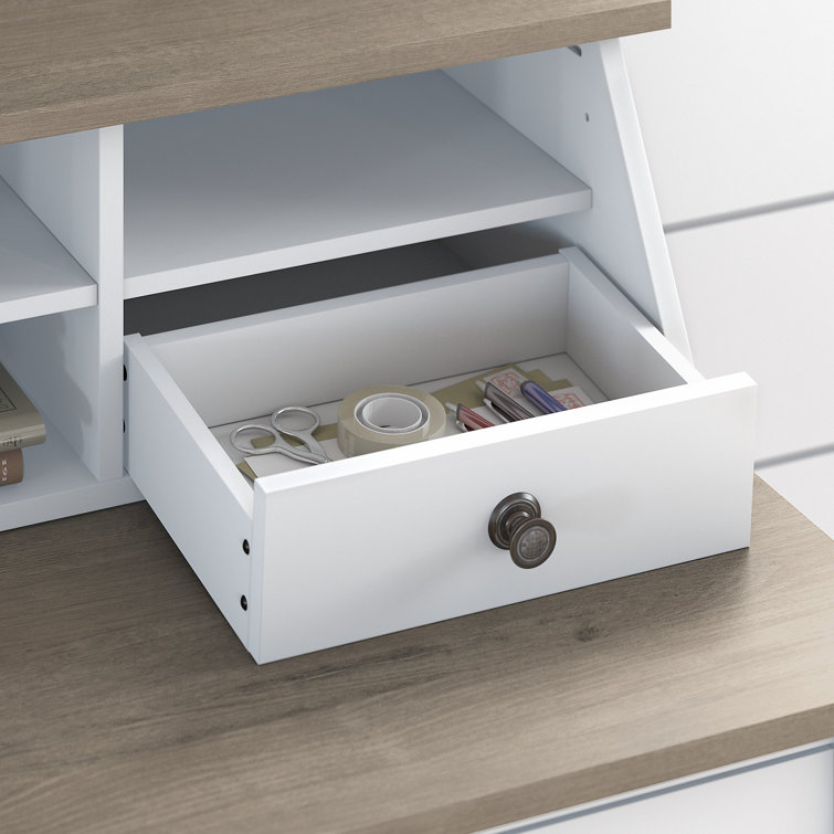 Modern Farmhouse Pure White and Shiplap Gray Desk Hutch with Dark Bronze Hardware