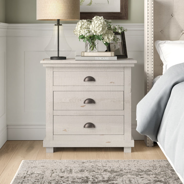 Lodge-Style Distressed Wood 3-Drawer Nightstand with Gunmetal Handles