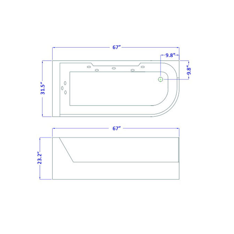 67'' White Acrylic Whirlpool Bathtub with Jets and Panoramic Glass