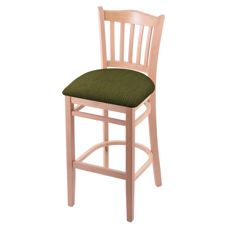 Natural Finish Beech Wood Bar Stool with Green Fabric Seat