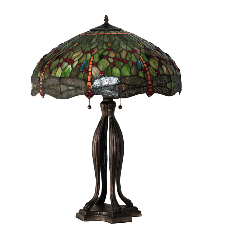 Mahogany Bronze 3-Light Table Lamp with Ruby Coral Green Stained Glass