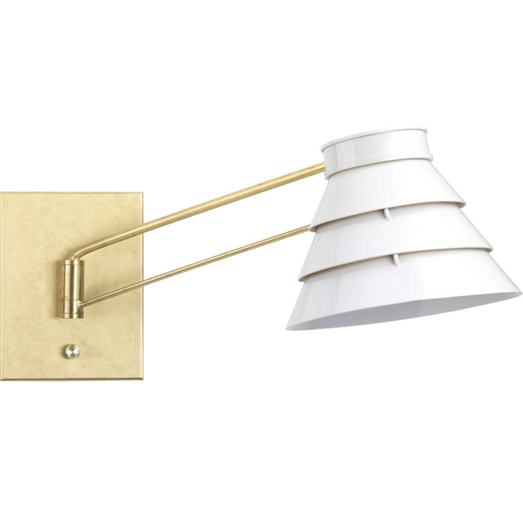 Sarah Steel Dimmable Swing Arm Sconce in Brushed Brass with Louvered White Shade