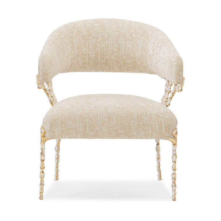Handcrafted Gold Brush Metal and White Fabric Accent Chair