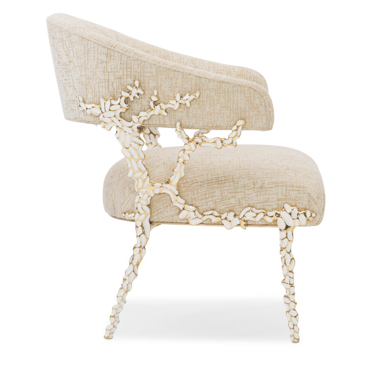 Handcrafted Gold Brush Metal and White Fabric Accent Chair